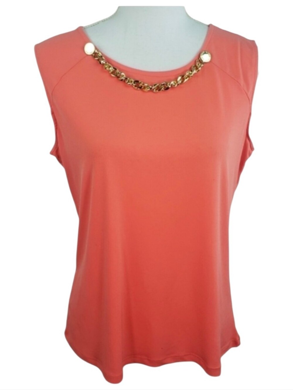 Coral Sleeveless Blouse Large Gold Chain Neck Career Office Stretch Top